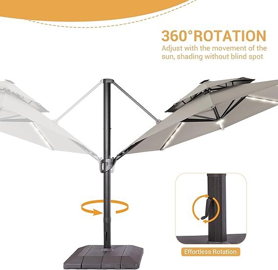 11FT Patio Umbrella with Solar Lights Outdoor Cantilever Umbrella with Base with 360-degree Rotation for Poolside