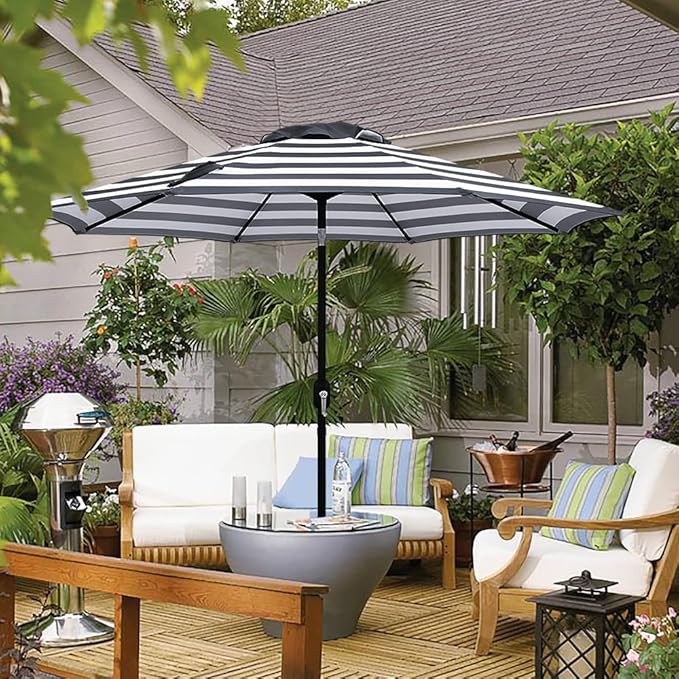 Outdoor Patio Umbrella 9 Ft Stripe with Crank and Tilt Black and White