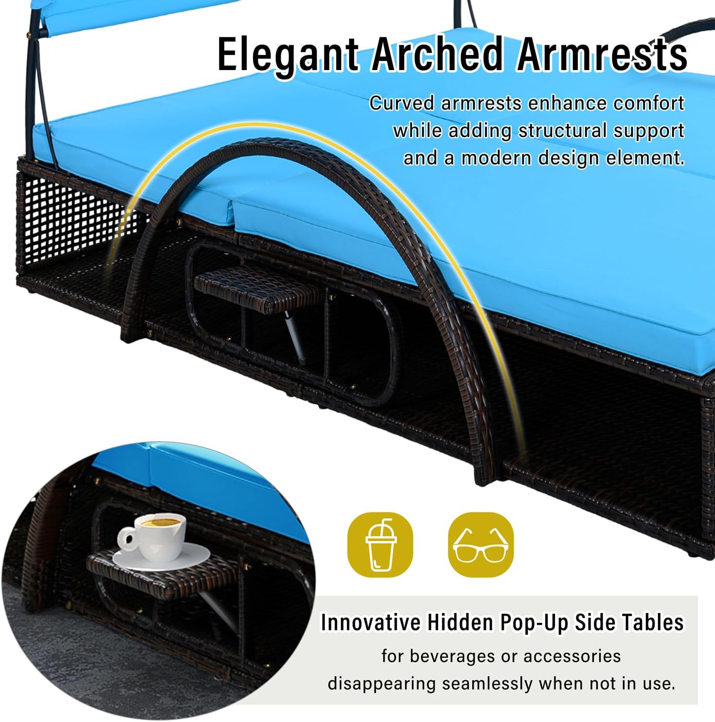 Outdoor Double Sun Lounger with Canopy, Steel Frame Patio Daybed with Adjustable Backrest