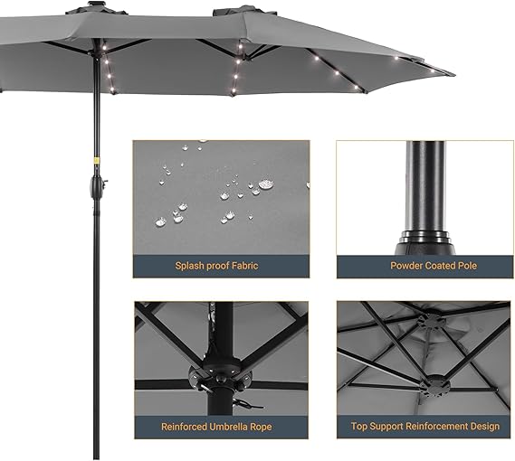 15ft Large Patio Umbrella with Solar Lights, No Base