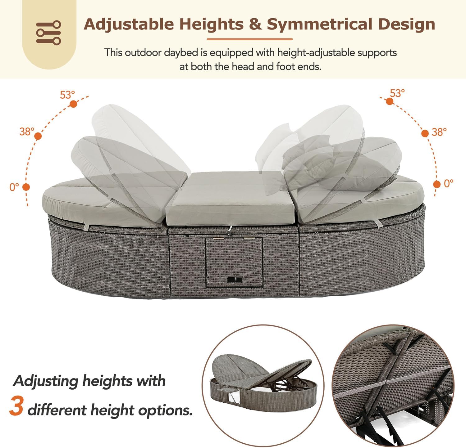 Outdoor Rattan Daybed for 2, Patio Sun Bed with Adjustable Backrests