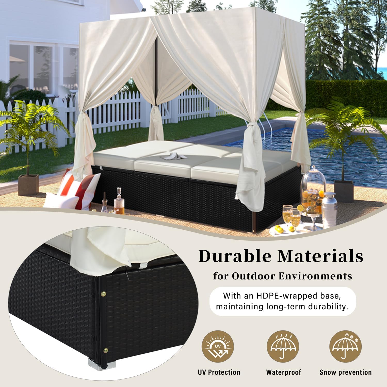 Patio Chaise Lounge Daybed with Canopy, PE Rattan Outdoor Wicker Sunbed with 5-Position Adjustable Backrest
