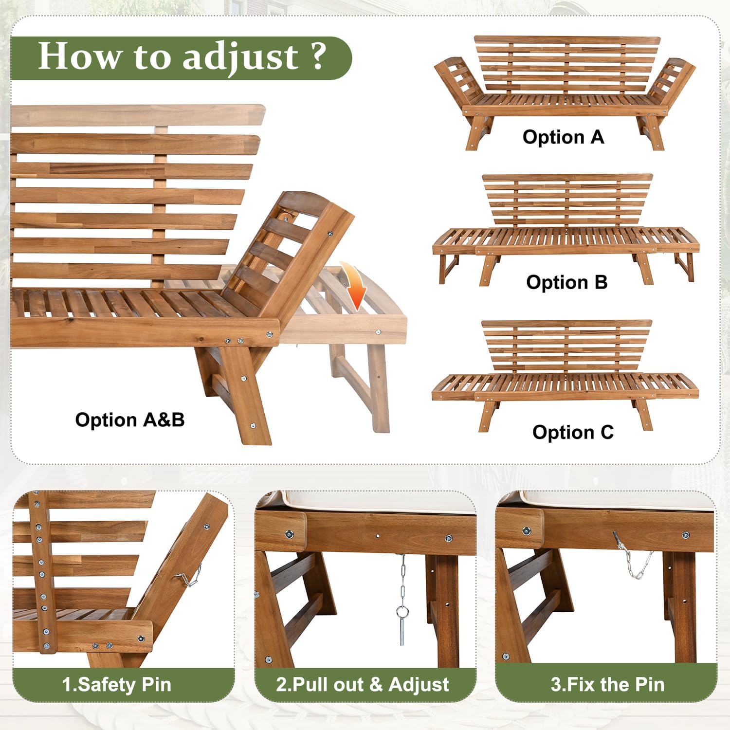Outdoor Acacia Wood Adjustable Daybed, 3 Seater Patio Day Bed Couch Sofa Chaise Lounge with Cushions and Pillows