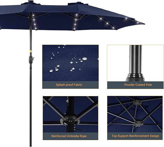 15ft Large Patio Umbrella with Solar Lights  No Base Navy