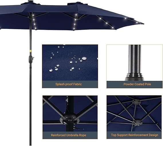 15ft Large Patio Umbrella with Solar Lights  No Base Navy
