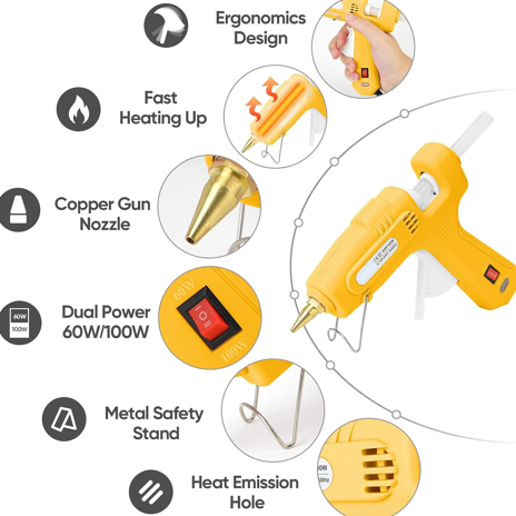 60/100W Dual Temp Hot Glue Gun and Sticks Set, Full Size with Case