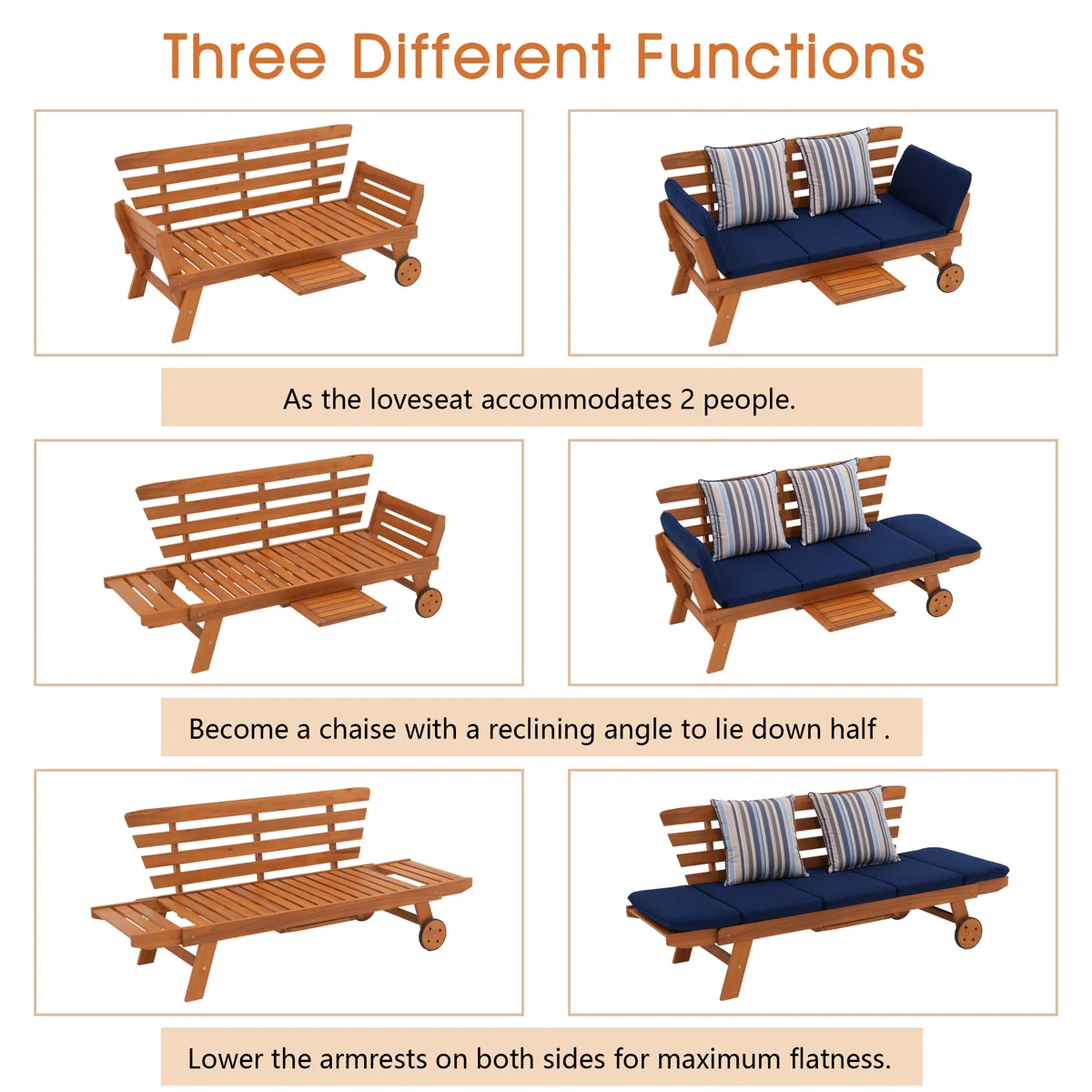 75.2’’ Acacia Outdoor Foldable Patio Daybed With Removable Cushions & Wheel