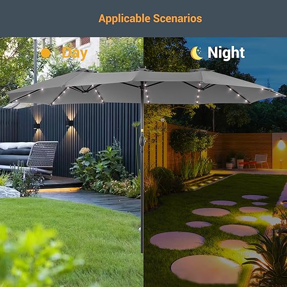 15ft Large Patio Umbrella with Solar Lights, No Base
