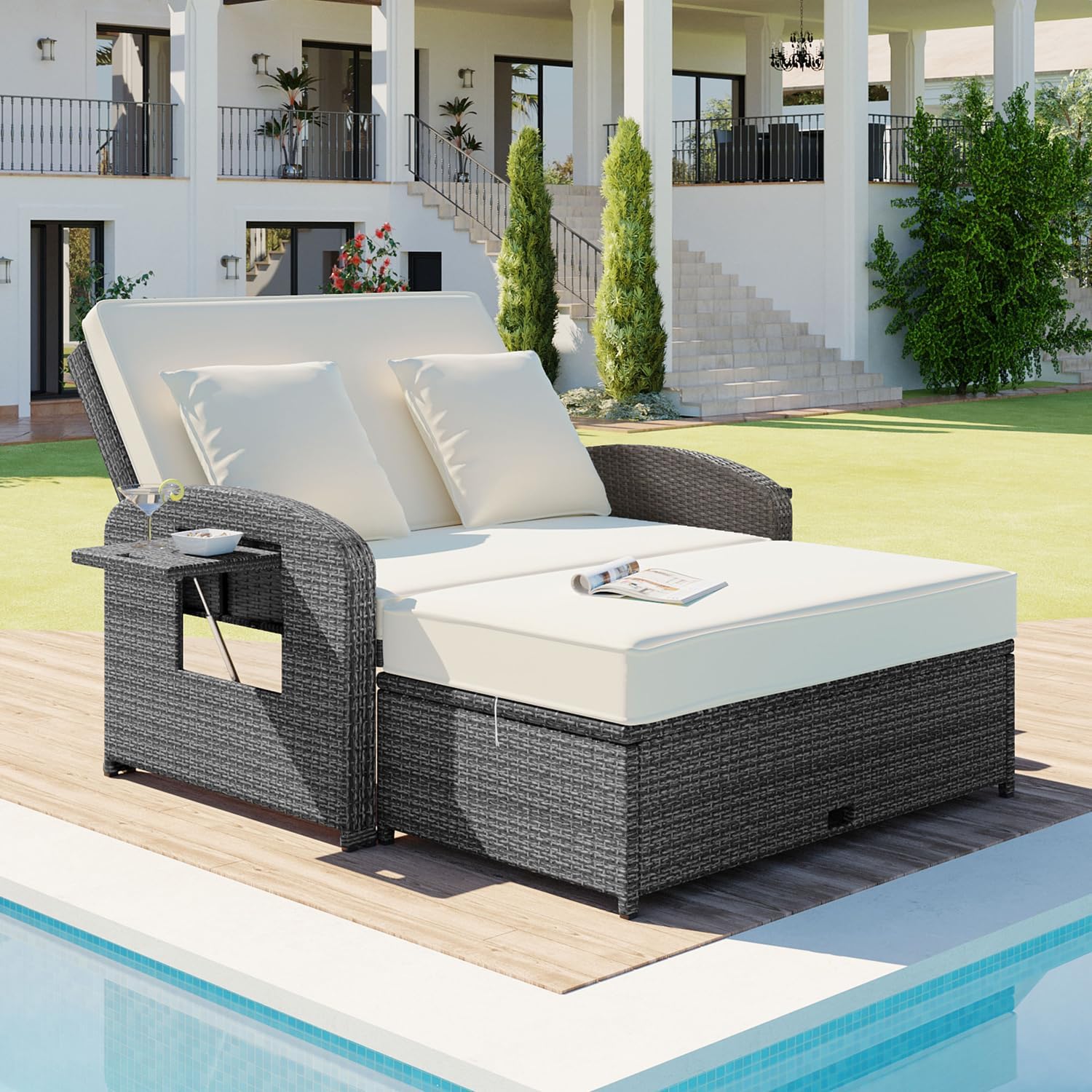 2 Person Patio PE Wicker Rattan Daybed Recliner with Cushions, Pillows, Storage Footrest & Protective Cover