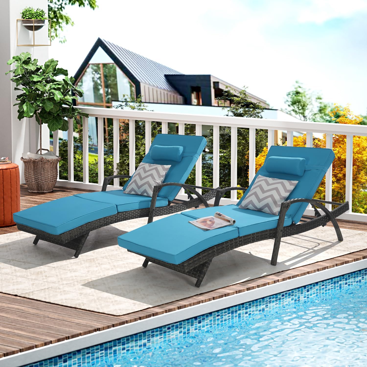 Outdoor Chaise Lounge Chairs Set of 2, Folding Patio Pool Lounge Chairs with 5-Level Adjustable Backrest