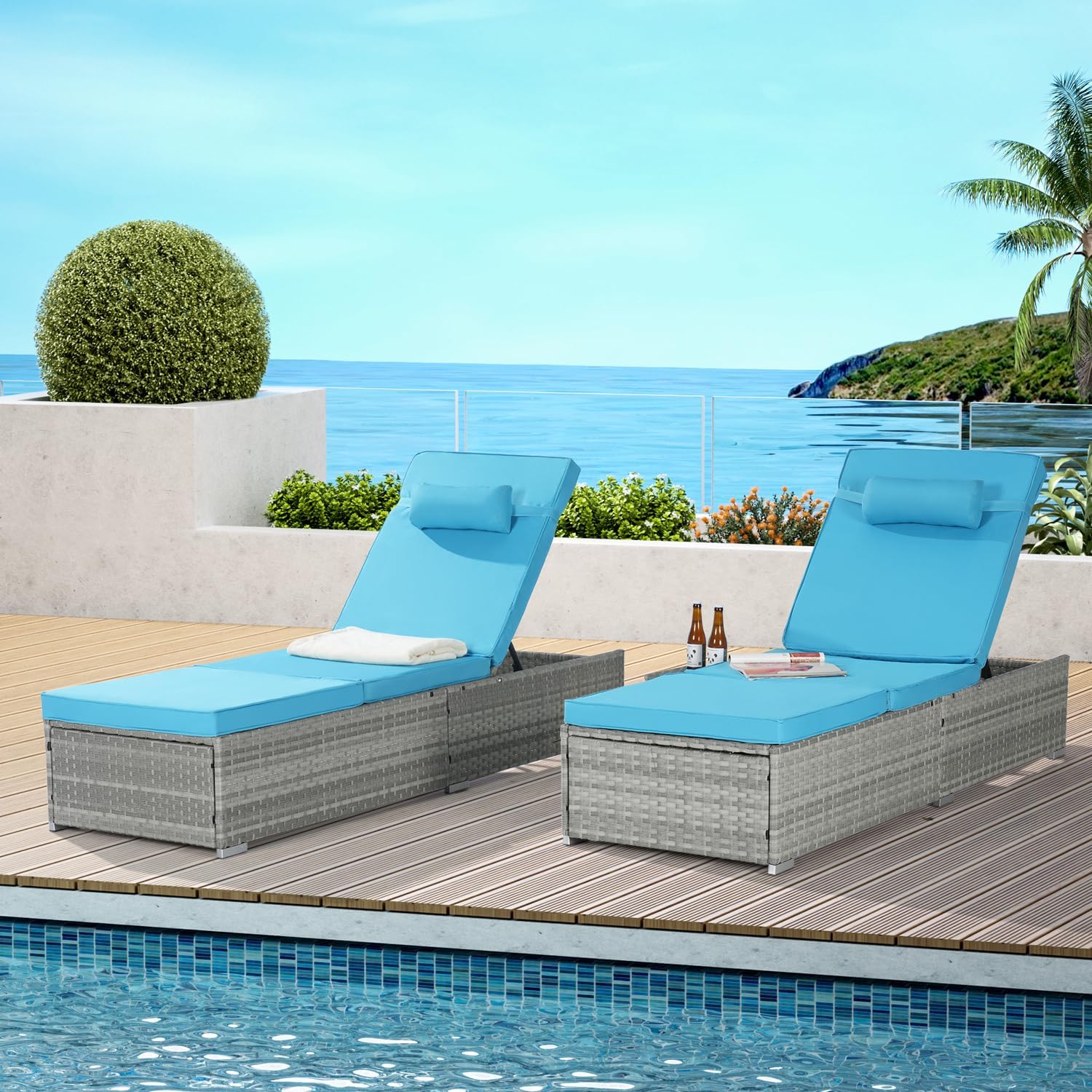 Patio Pool Lounge Chairs with Table, Outdoor Chaise Lounge Chair Set of 2 with Adjustable Backrest
