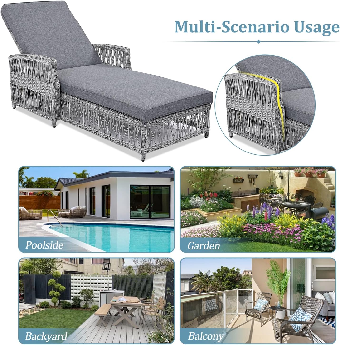 Patio Rattan Chaise Lounge Chair Set of 2,Outdoor Wicker Reclining Lounge Chair with 4-Position Adjustable Backrest