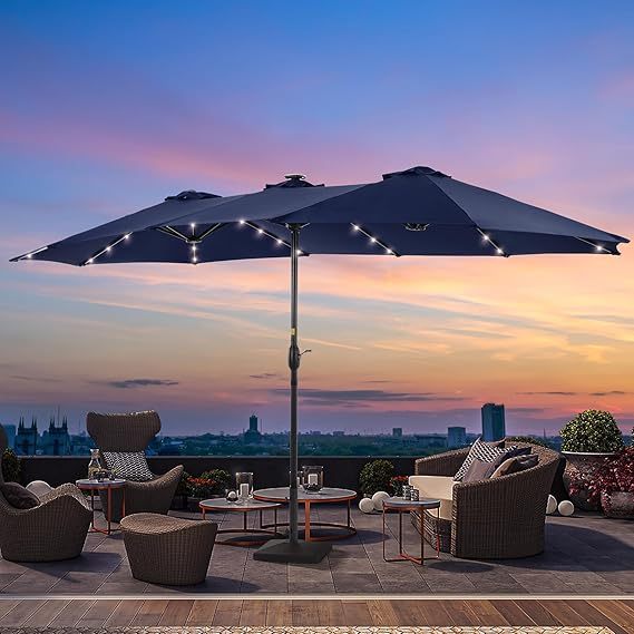 15ft Large Patio Umbrella with Solar Lights  No Base Navy