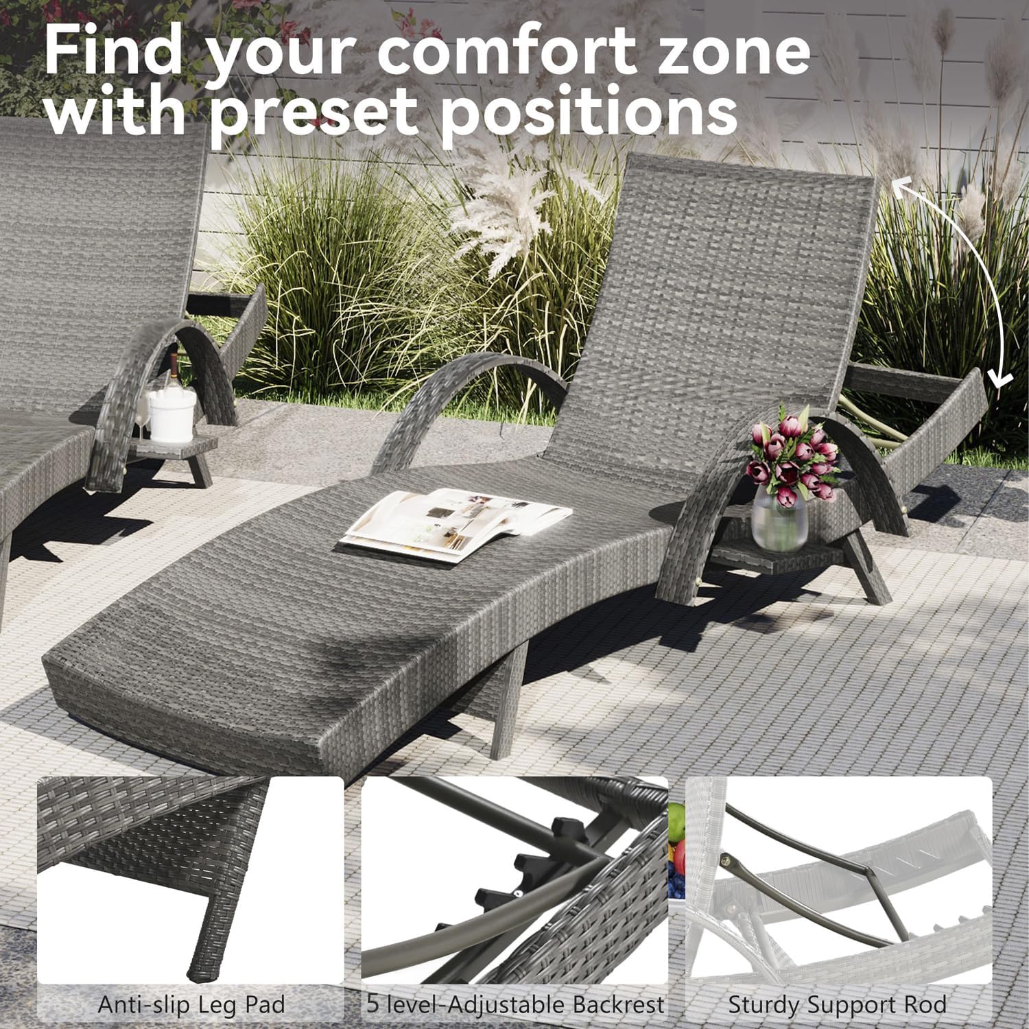 80'' Outdoor Wicker Chaise Lounge Chairs Set of 2, Patio Rattan Reclining Loungers with Adjustable Backrest