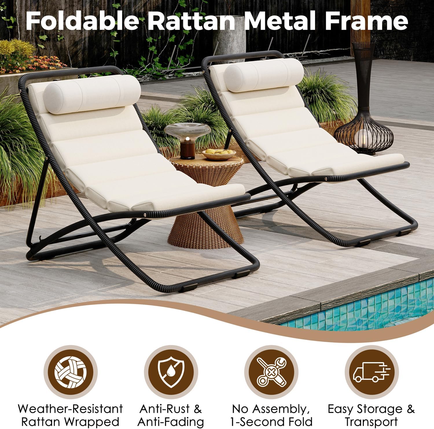 Pool Lounge Chairs Set of 2, Foldable Outdoor Chaise Lounge Chairs with Adjustable Backrest