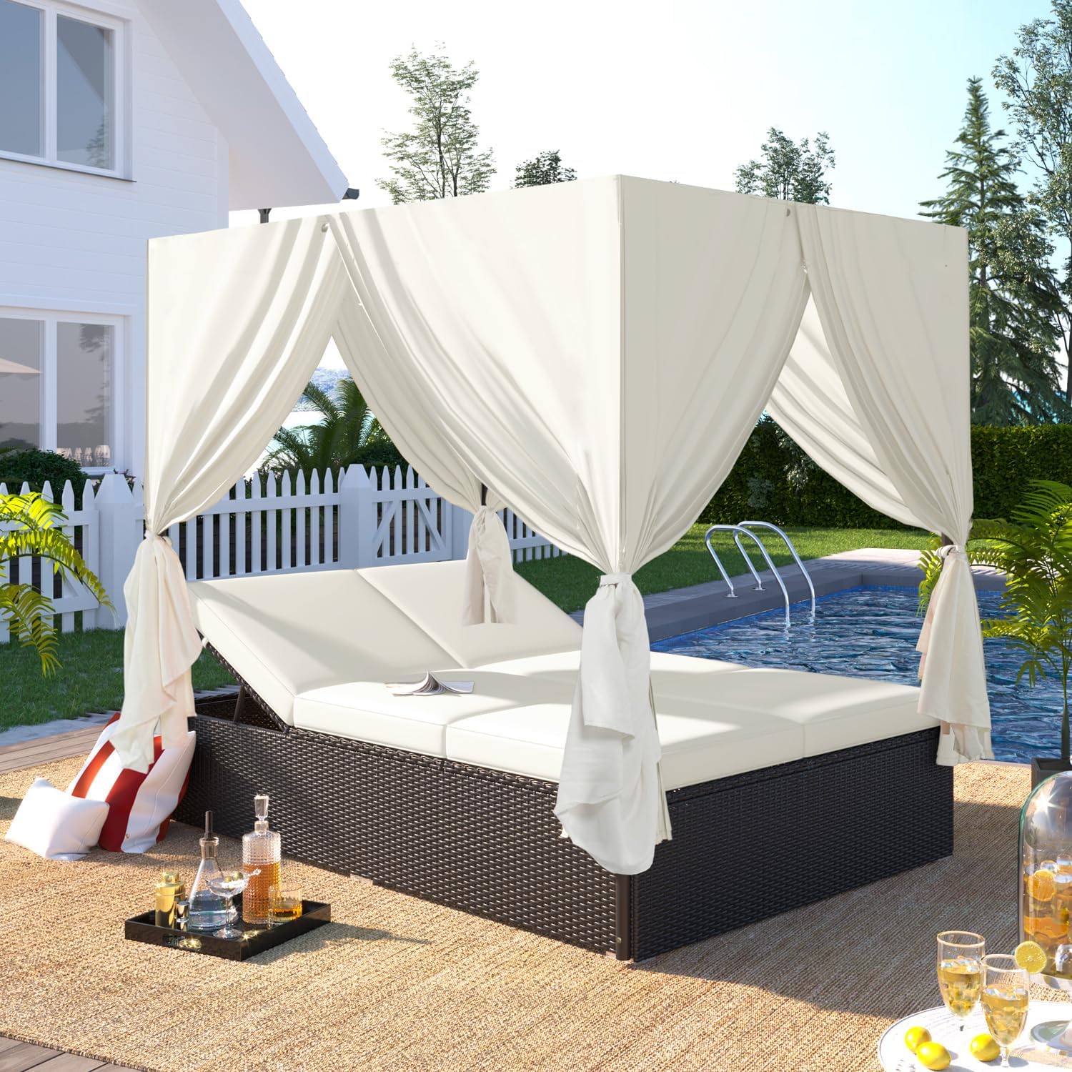 Patio Chaise Lounge Daybed with Canopy, PE Rattan Outdoor Wicker Sunbed with 5-Position Adjustable Backrest