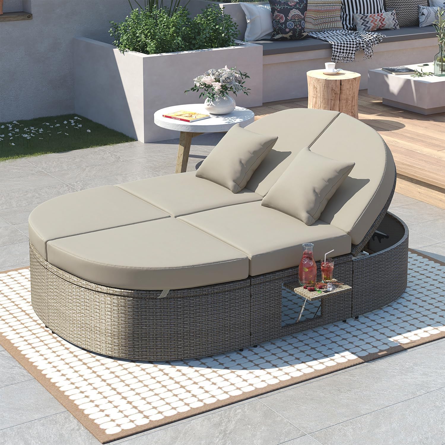 Outdoor Rattan Daybed for 2, Patio Sun Bed with Adjustable Backrests