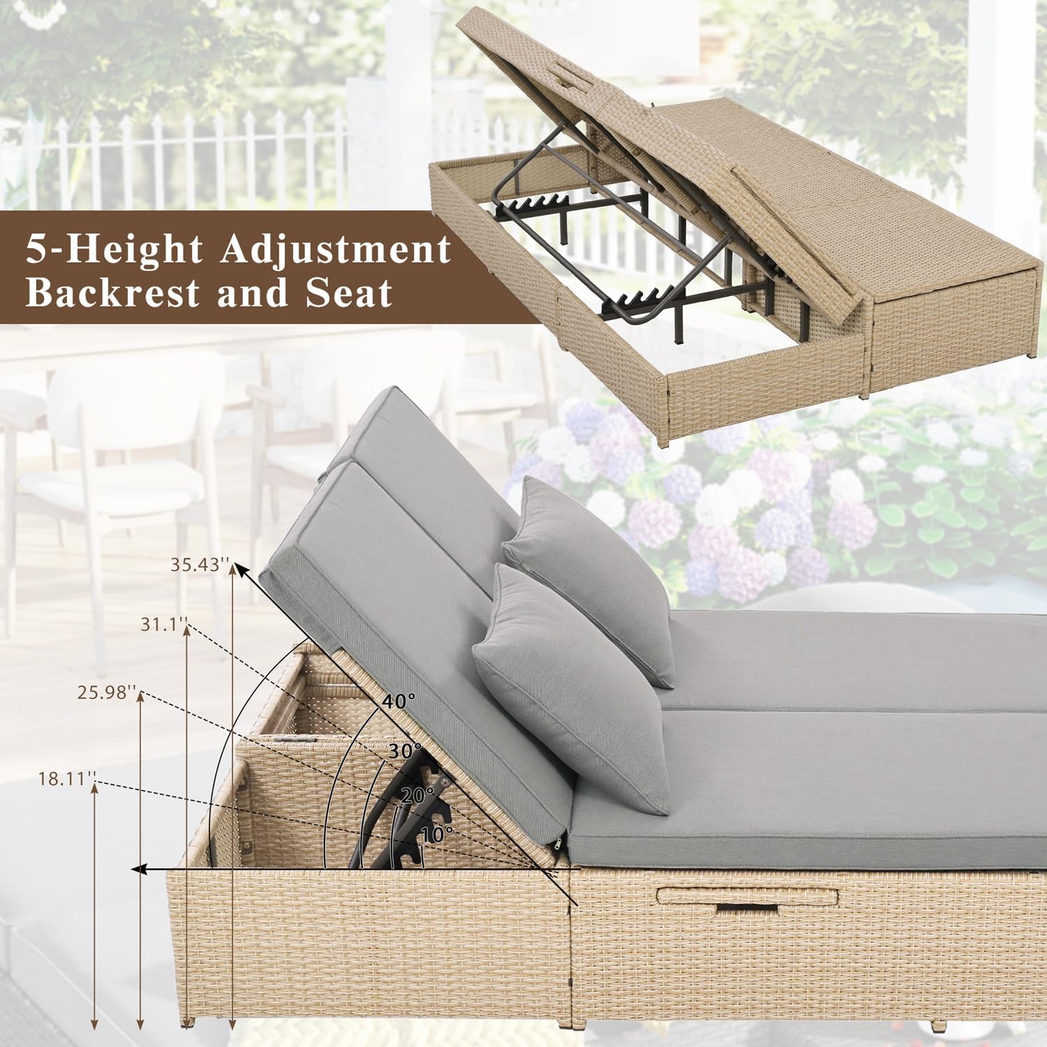 Outdoor Rattan Daybed for 2, Adjustable Wicker Recliner Bed with Cushions