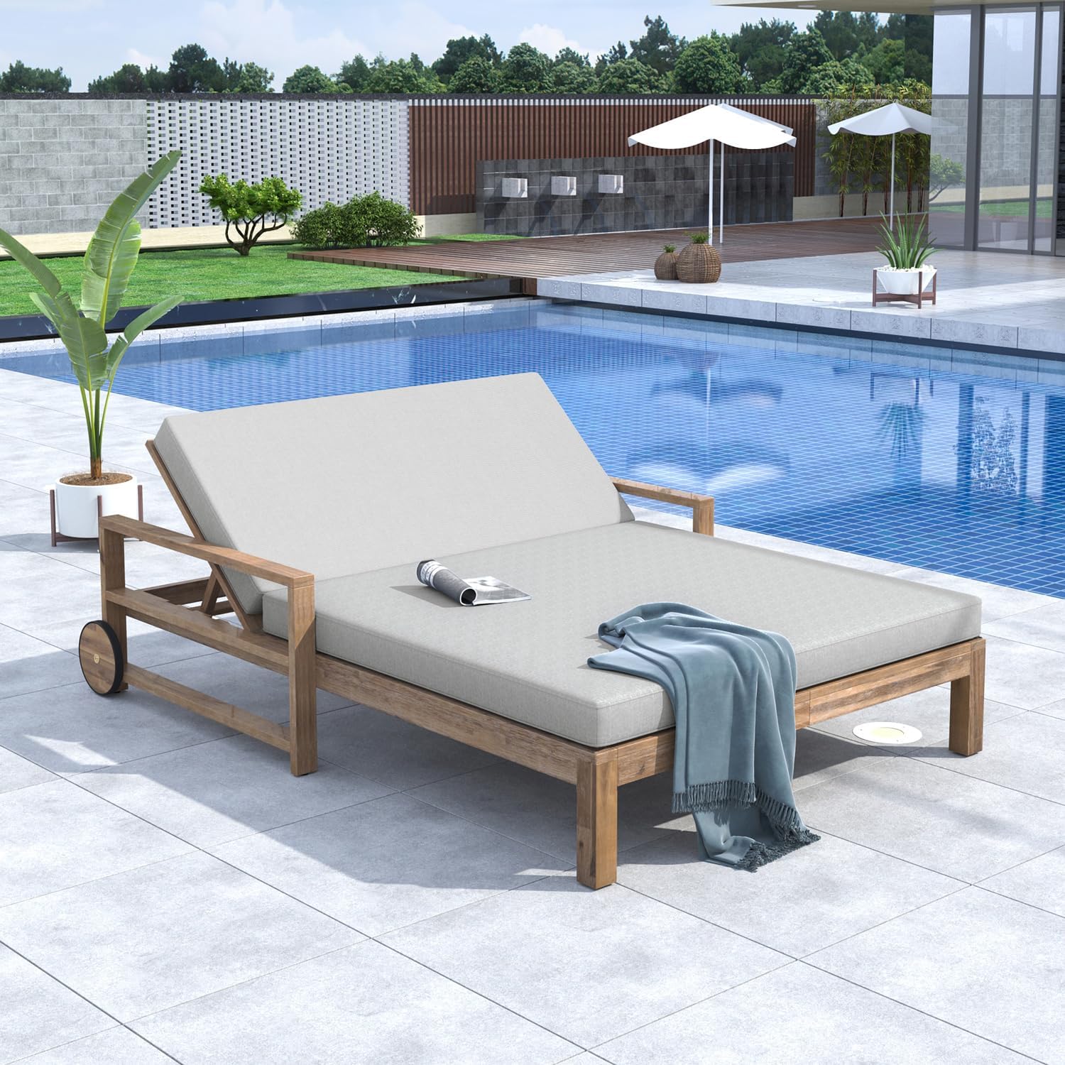 Acacia Wood Outdoor Patio Daybed with Wheels, 2 Person Reclining Chaise Lounge Chair with Adjustable Backrest