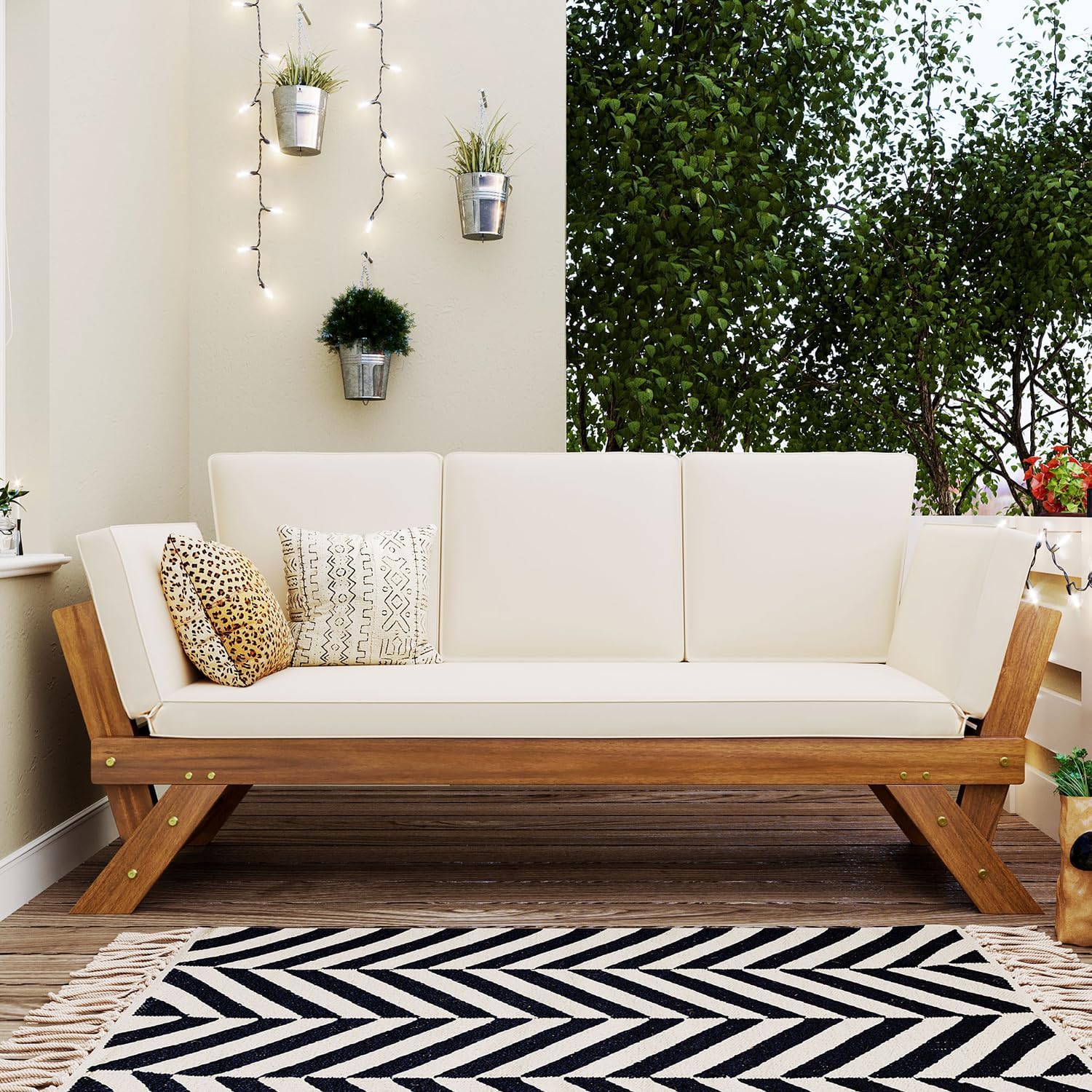 Outdoor Acacia Wood Adjustable Daybed, 3 Seater Patio Day Bed Couch Sofa Chaise Lounge with Cushions and Pillows
