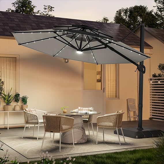 11FT Patio Umbrella with Solar Lights Outdoor Cantilever Umbrella with Base with 360-degree Rotation for Poolside
