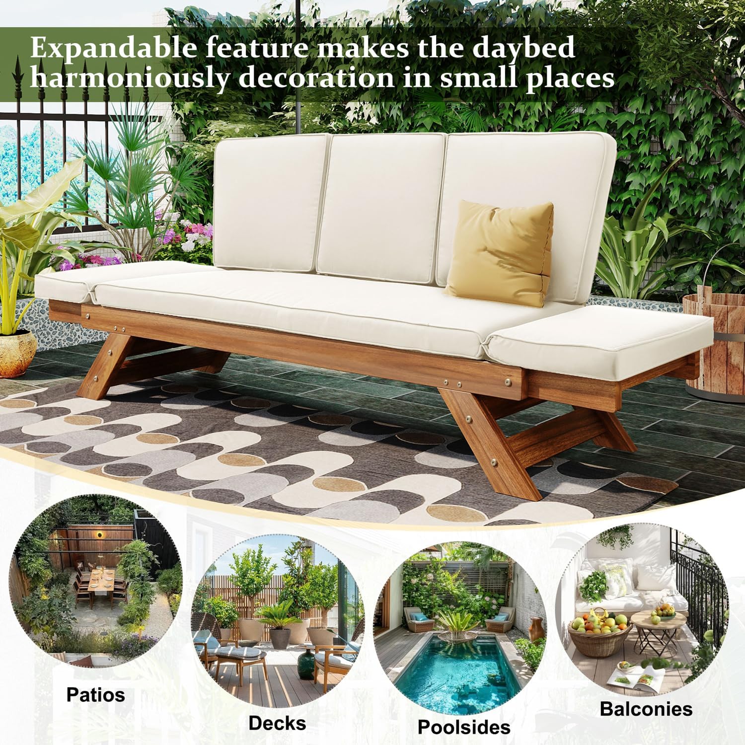Outdoor Acacia Wood Adjustable Daybed, 3 Seater Patio Day Bed Couch Sofa Chaise Lounge with Cushions and Pillows