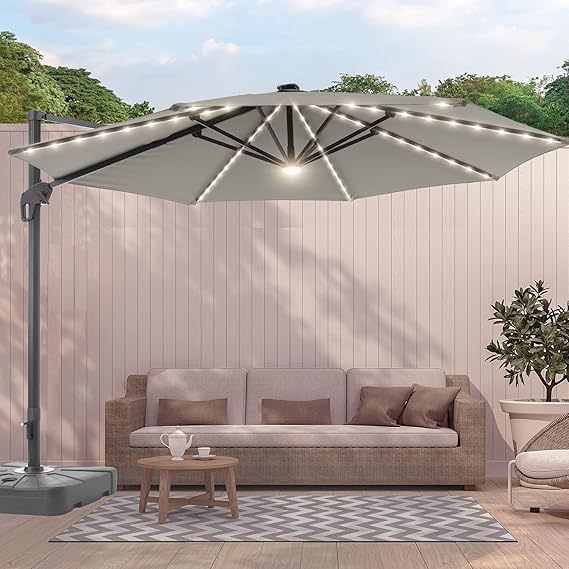 11FT Patio Umbrella with Solar Lights Outdoor Cantilever Umbrella with Base Gray