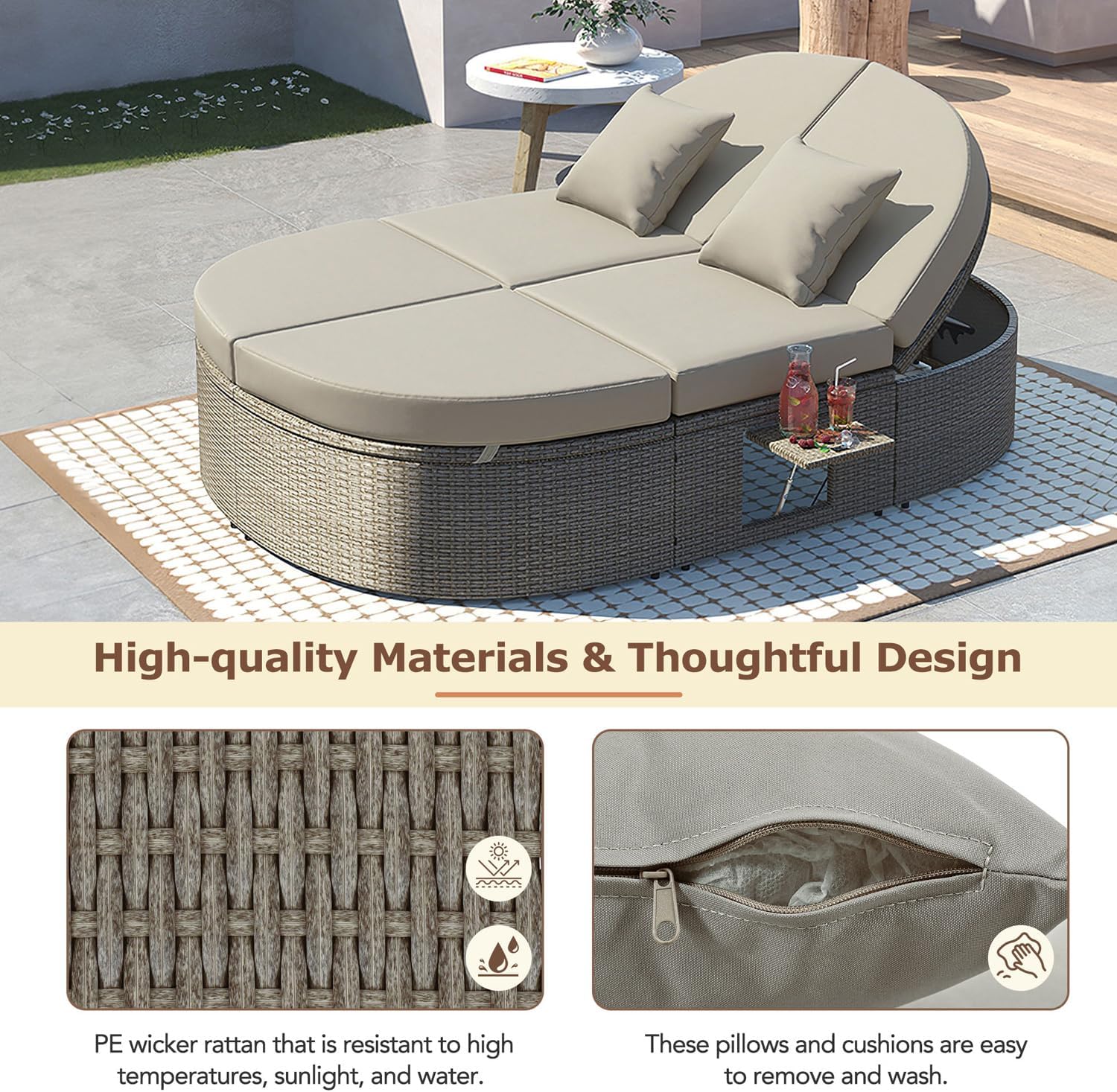 Outdoor Rattan Daybed for 2, Patio Sun Bed with Adjustable Backrests
