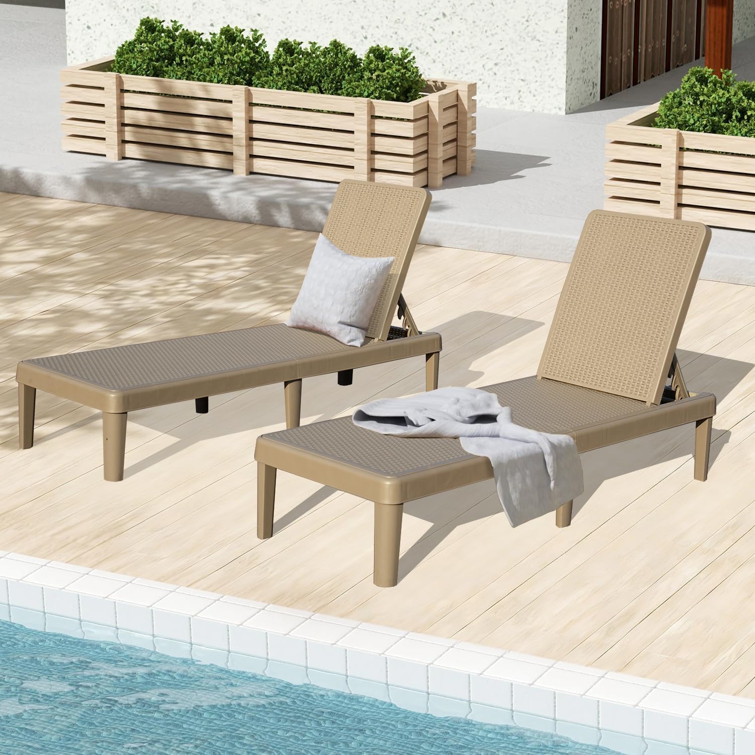 Pool Lounge Chairs Set of 2, Outdoor Resin Chaise Lounge Chairs with 6-Position Adjustable Backrest