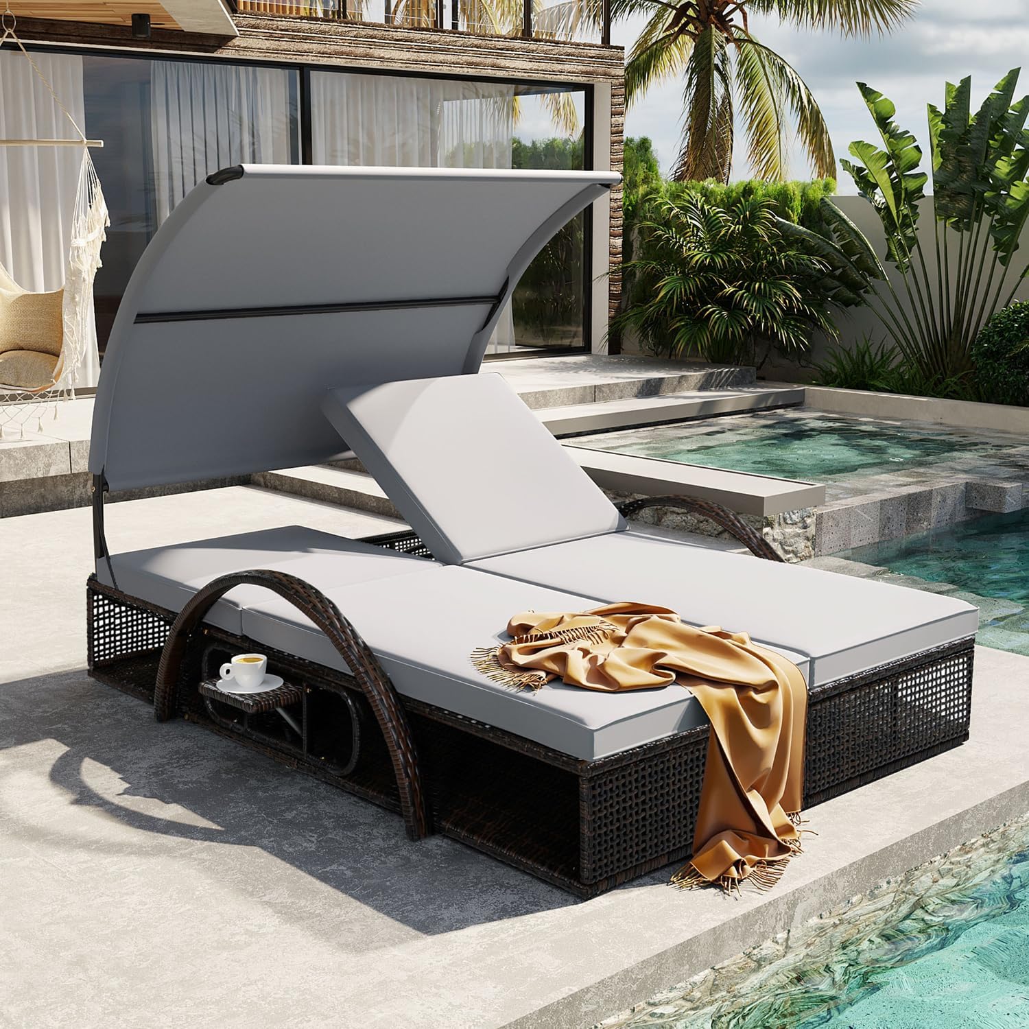 Outdoor Double Sun Lounger with Canopy, Steel Frame Patio Daybed with Adjustable Backrest
