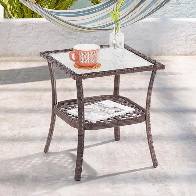 18'' Outdoor Square Side Table with Tempered Glass Top, Rattan Wicker Patio Coffee Table with Steel Frame