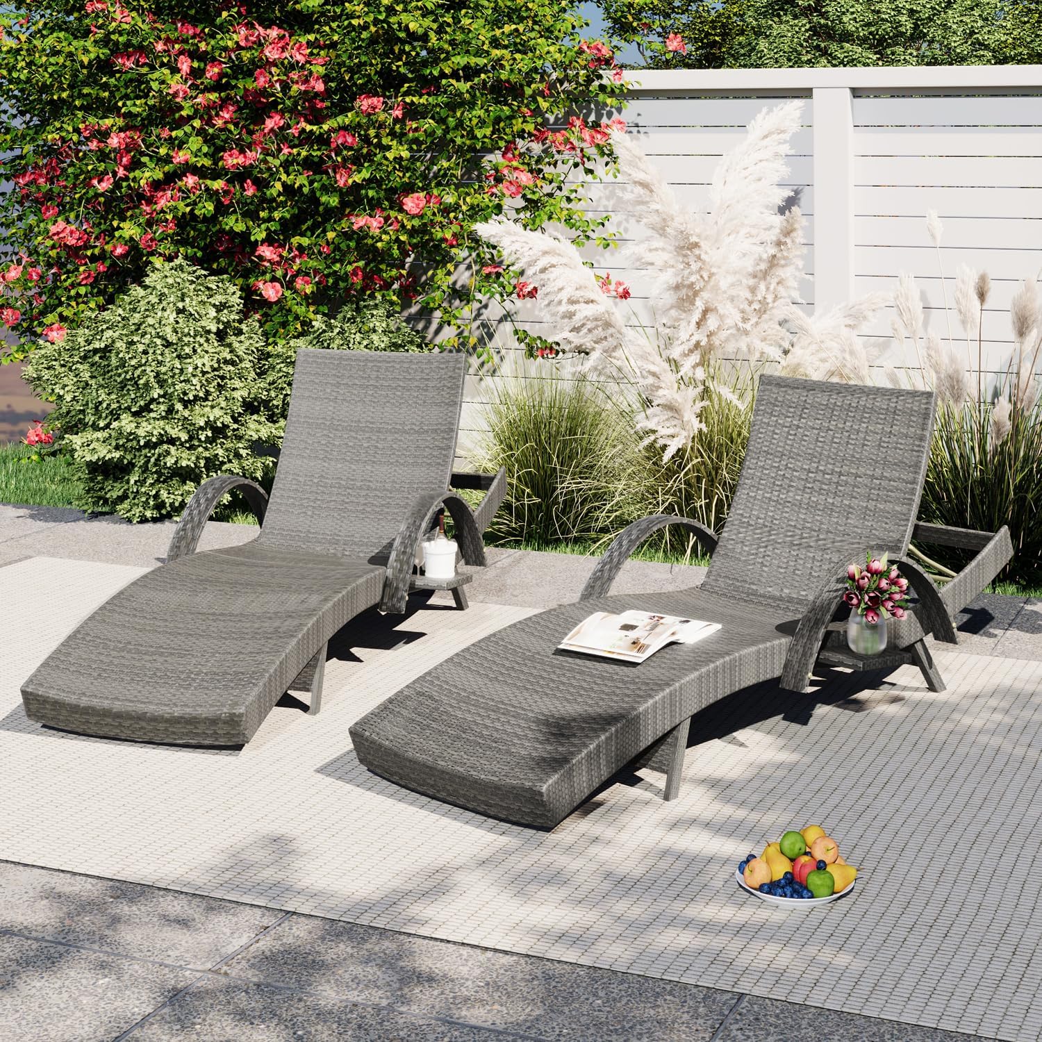 80'' Outdoor Wicker Chaise Lounge Chairs Set of 2, Patio Rattan Reclining Loungers with Adjustable Backrest