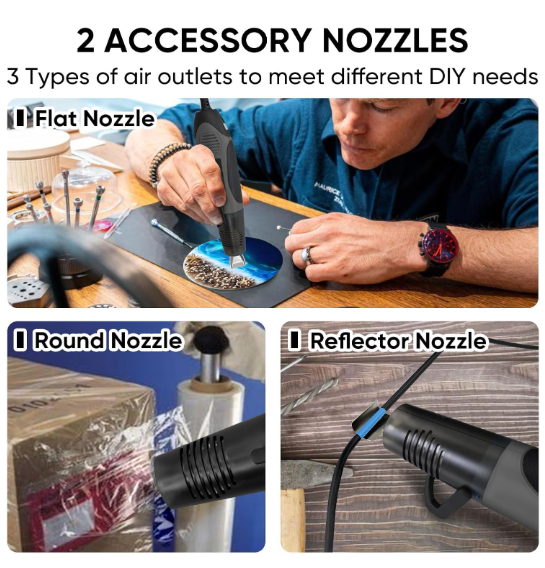 350W Heat Gun with 2 Nozzles, Dual Temp Heat Gun 400°F-660°F, Fast Heat Hot Air Gun with Overload Protection for DIY Craft Embossing Shrink Wrapping (Grey)