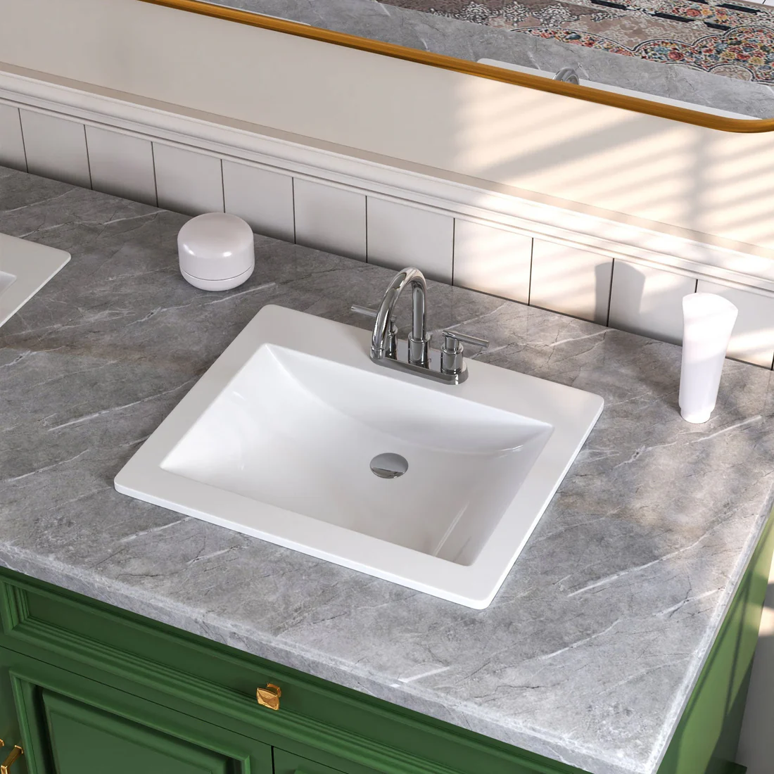 Rectangular White Drop-in Bathroom Sink With Overflow Hole