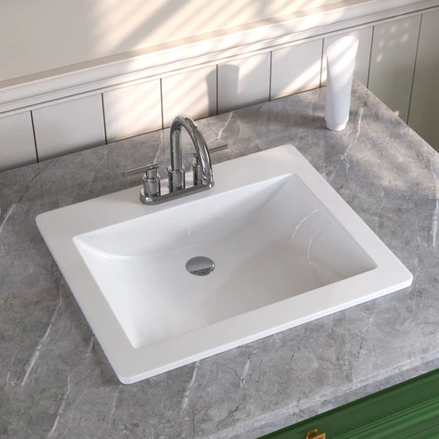 Rectangular White Drop-in Bathroom Sink With Overflow Hole