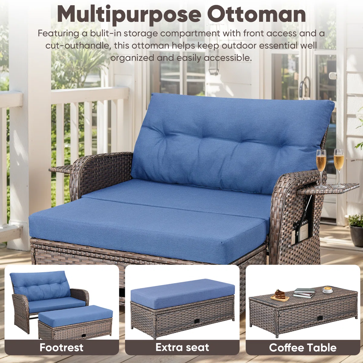 65" W Wicker Patio Daybed with Cushions