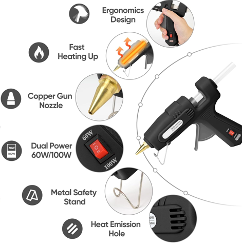 60/100W Dual Temp Hot Glue Gun and Sticks Set, Full Size with Case