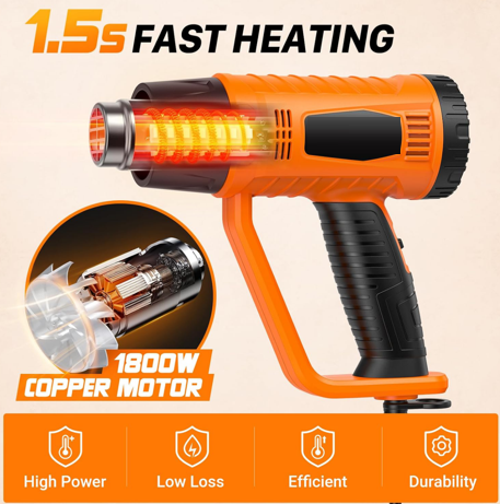 Heat Gun 1800W with 1112℉&752℉ 2 Temperature Settings for Crafting