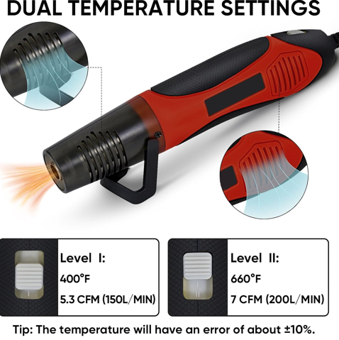 350W Heat Gun with 2 Nozzles, Dual Temp Heat Gun 400°F-660°F, Fast Heat Hot Air Gun with Overload Protection for DIY Craft Embossing Shrink Wrapping (Red)