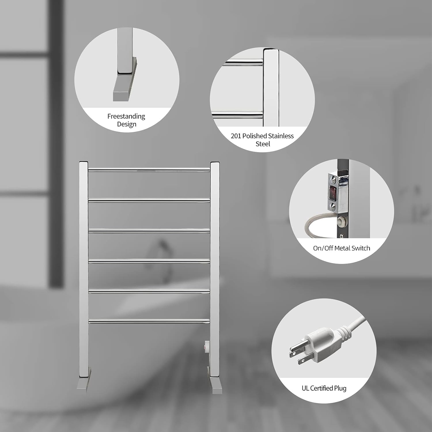 Freestanding Drying Rack for Home Bathroom Stainless Steel Polish Chrome, 6 Bars