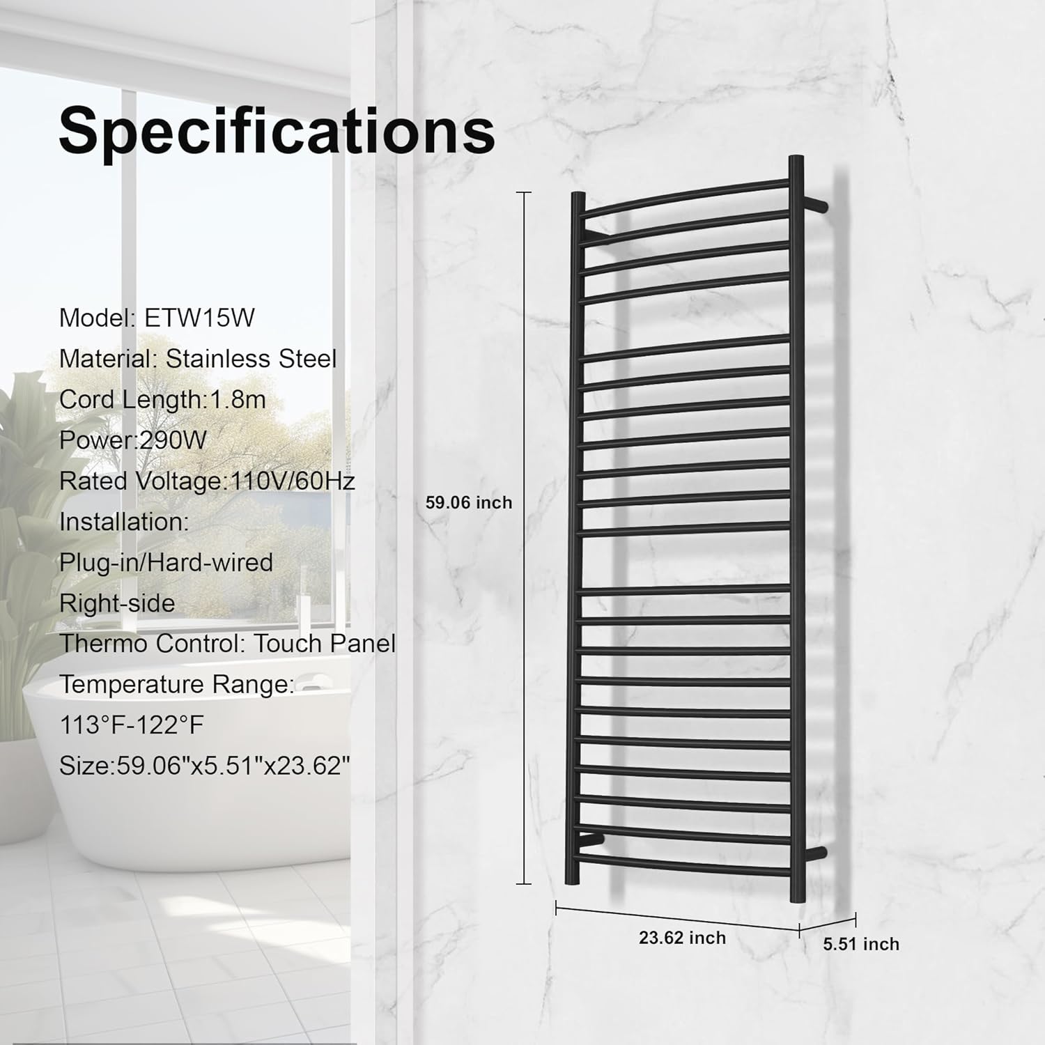 Wall Mounted Bathroom Heated Towel Rack, Plug-in Design & Brushed Stainless Steel Finish Black 21 Bar