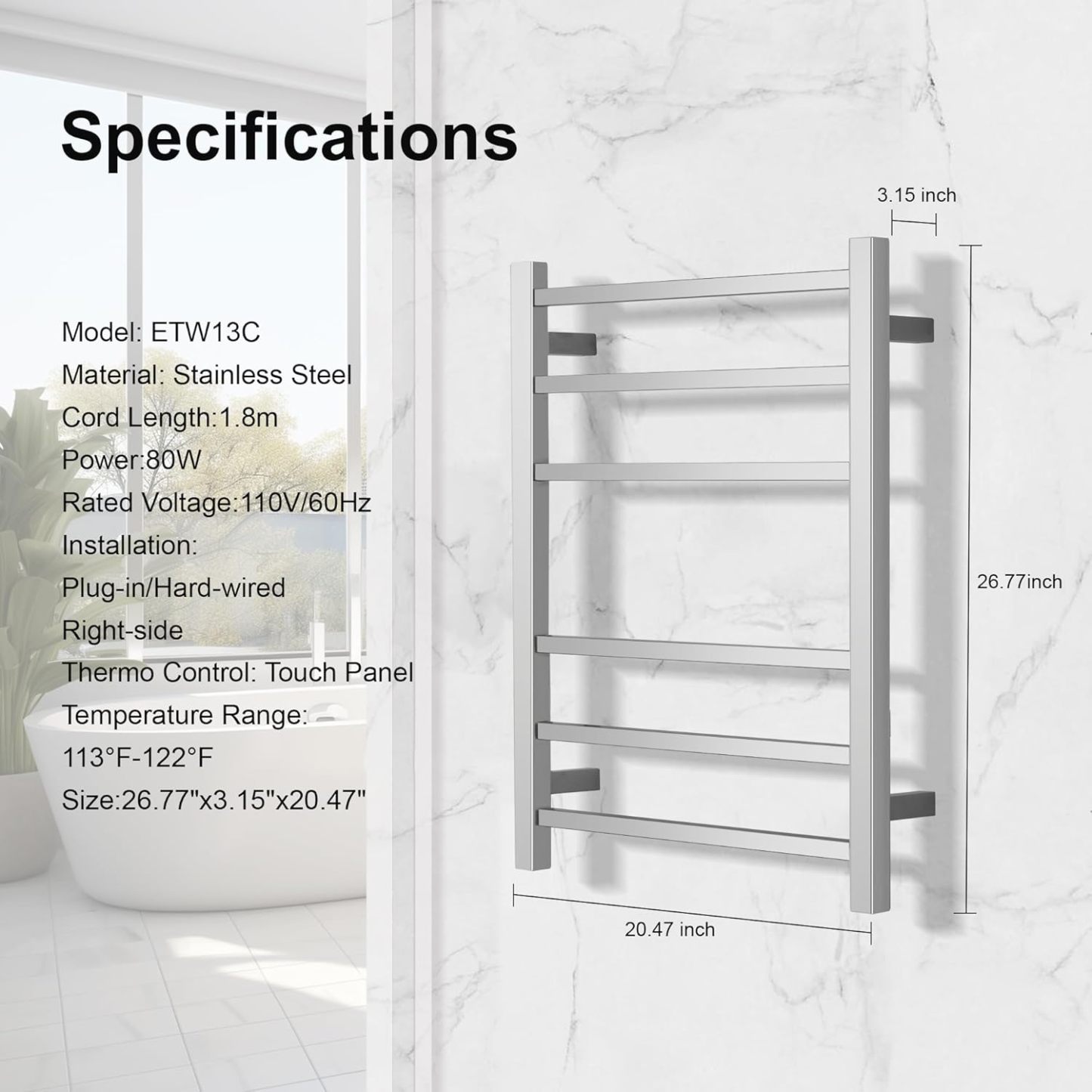 Electric Towel Warmer,Drying Towel Rack Heated Towel Rack,Wall Mounted Towel Warmer Rack,6 Bars