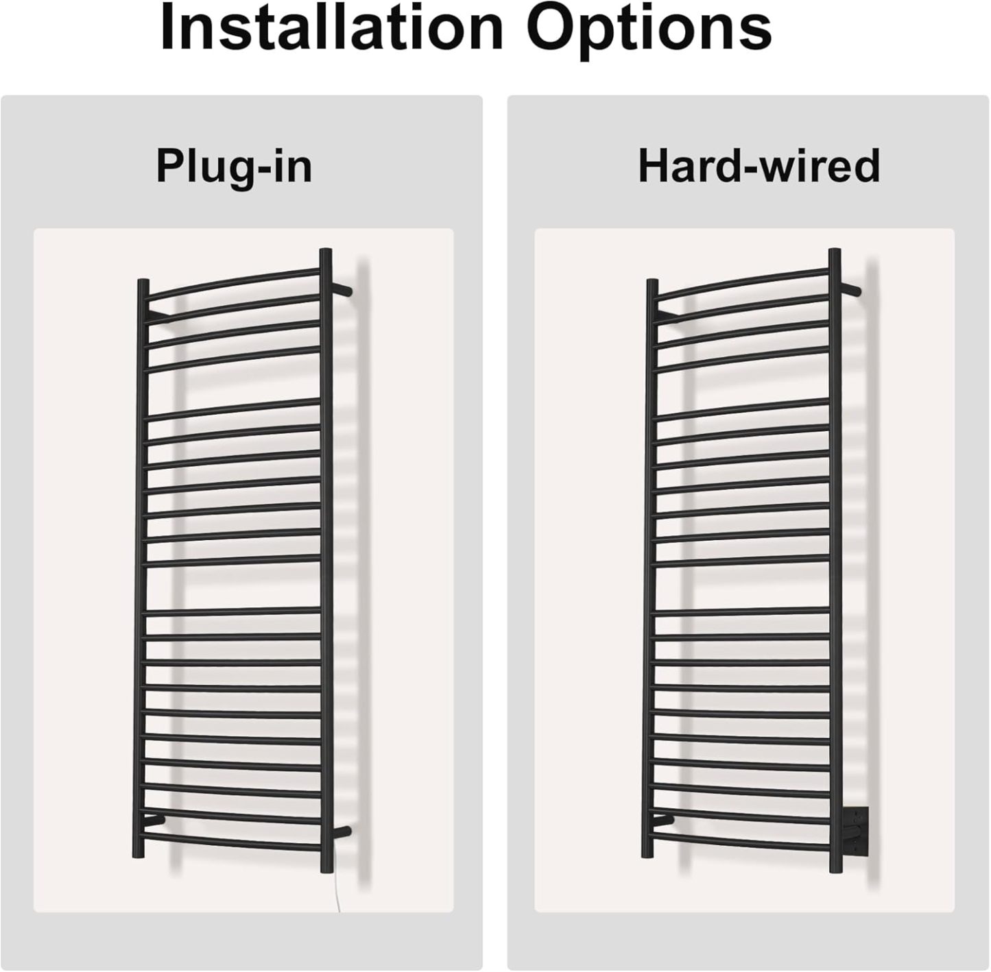 Wall Mounted Bathroom Heated Towel Rack, Plug-in Design & Brushed Stainless Steel Finish Black 21 Bar