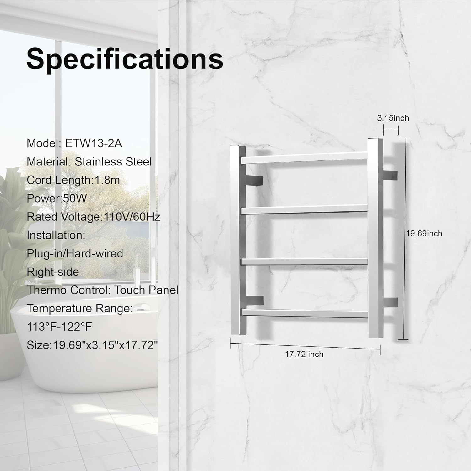 Towel Warmer Polished Chrome for Bathroom Wall Mounted Bath Towel Heater Plug-in Electric Heated Towel Rack 35W