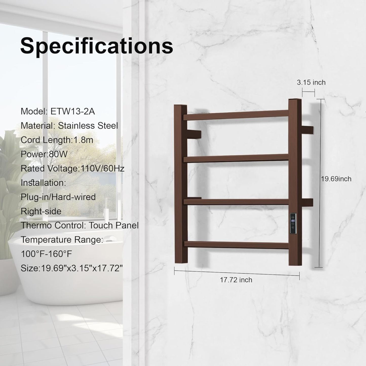 Towel Warmer with Built-in Timer Bathroom Wall Mounted Bath Towel Heater Plug-in Electric Heated Towel Rack