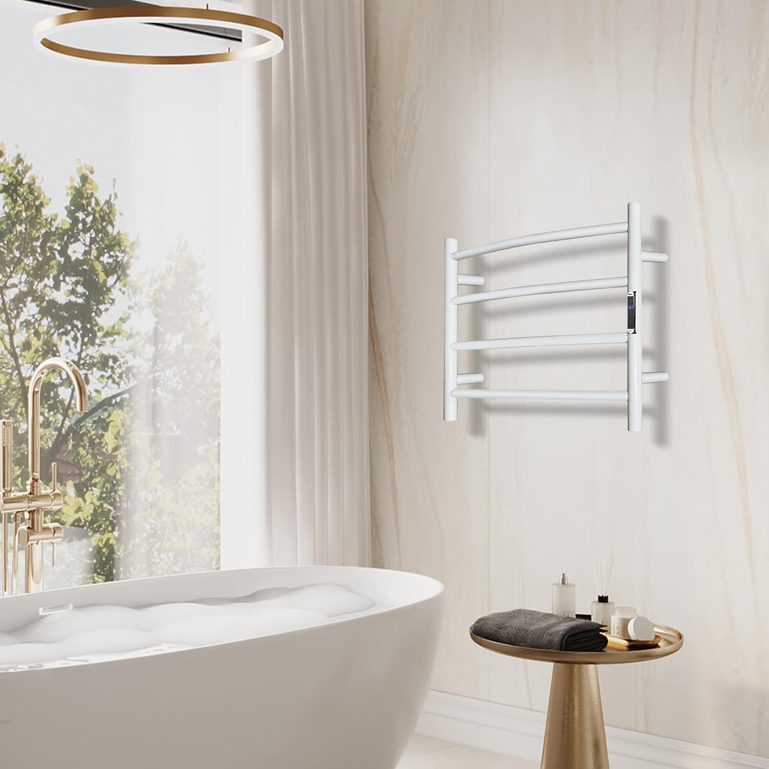 Towel Warmer with Built-in Timer Bathroom Wall Mounted Bath Towel Heater Plug-in Electric Heated Towel Rack Stainless Steel Curved Round Oil Rubbed Drying Rack