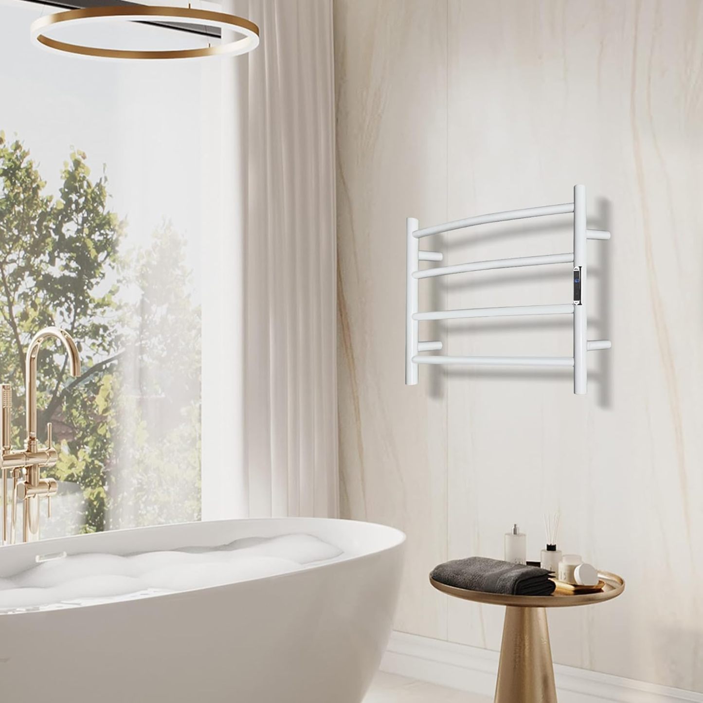 Towel Warmer with Built-in Timer Bathroom Wall Mounted Bath Towel Heater Plug-in Electric Heated Towel Rack Stainless Steel Curved Round Oil Rubbed Drying Rack