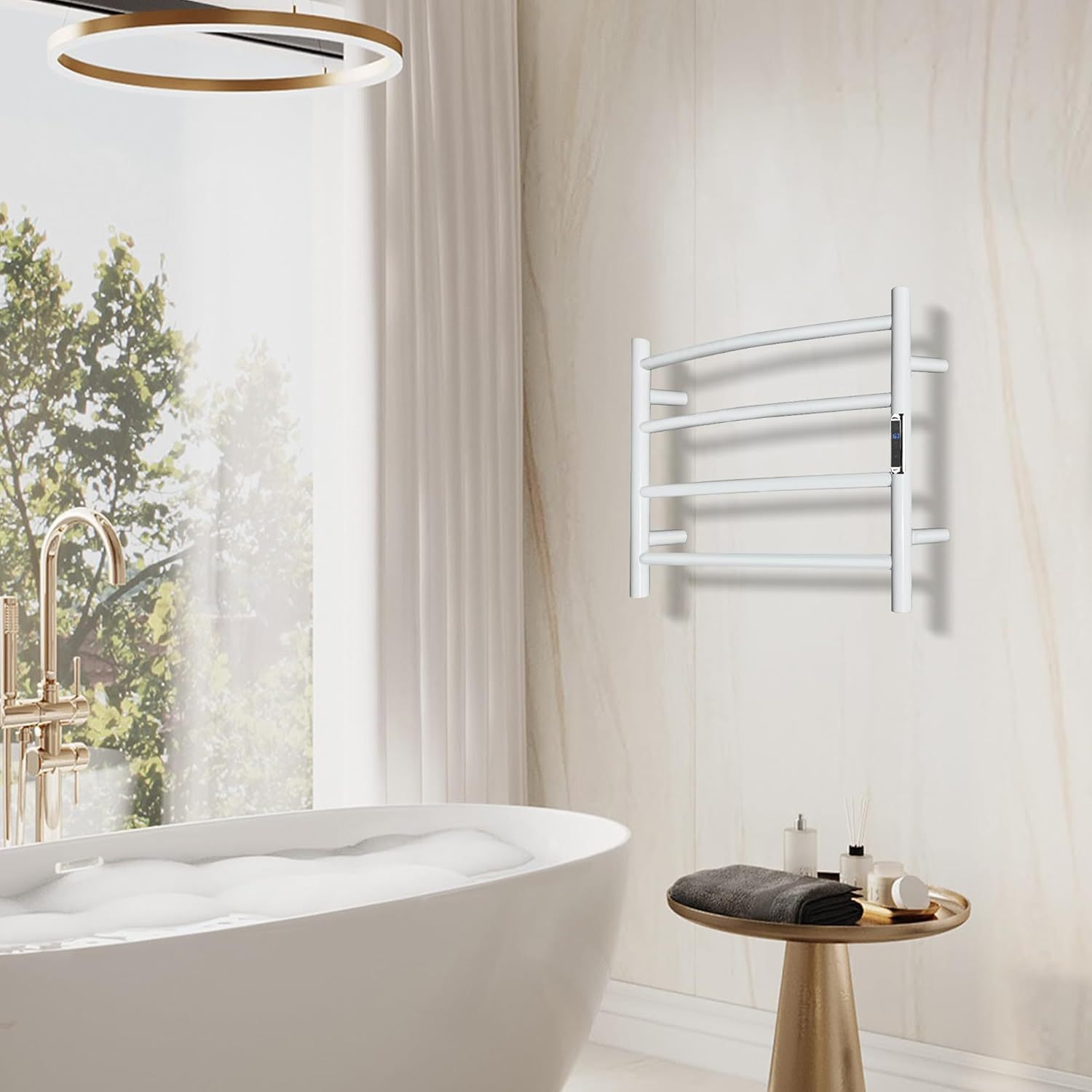 Towel Warmer with Built-in Timer Bathroom Wall Mounted Bath Towel Heater Plug-in Electric Heated Towel Rack Stainless Steel Curved Round Oil Rubbed Drying Rack