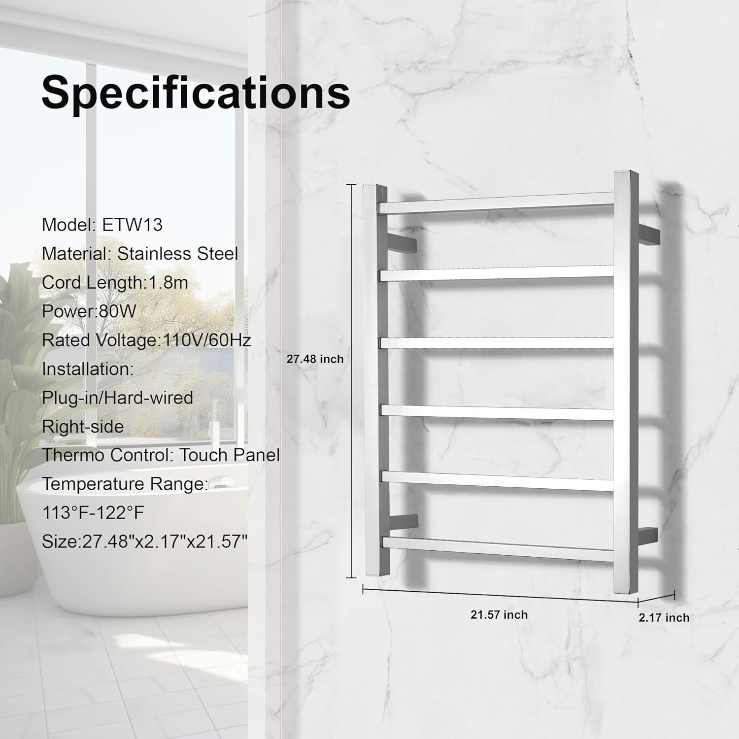 Wall Mounted Bathroom Heated Towel Rack, Plug-in Design & Brushed Stainless Steel Finish