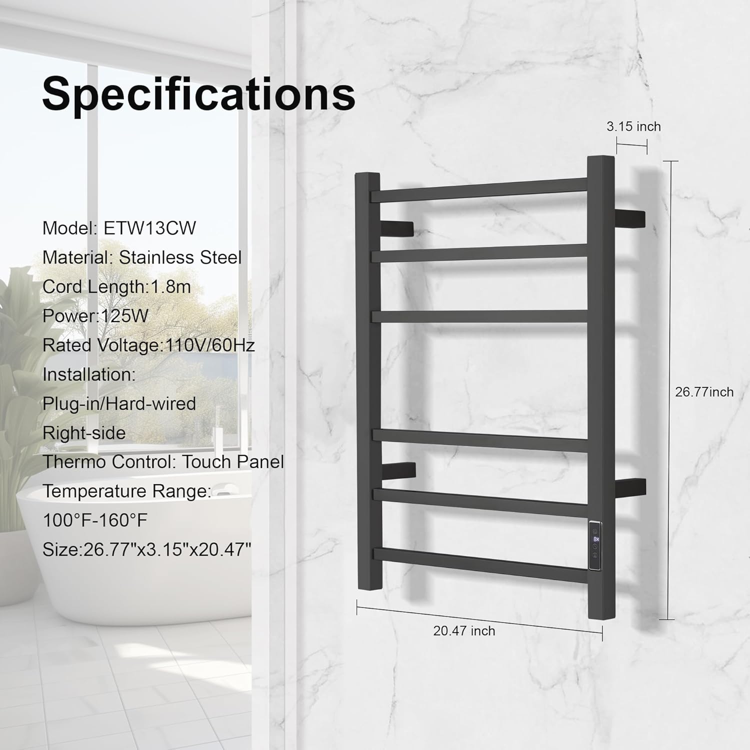 Electric Towel Warmer with Built-in Timer - Wall Mounted Bathroom Heated Towel Rack, Plug-in Design & Brushed Stainless Steel Finish Black